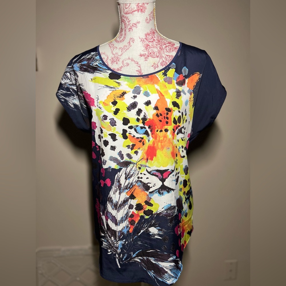 Rock & Republic Shirt Navy Blue Tiger Cap Sleeves Pullover Blouse Size XS